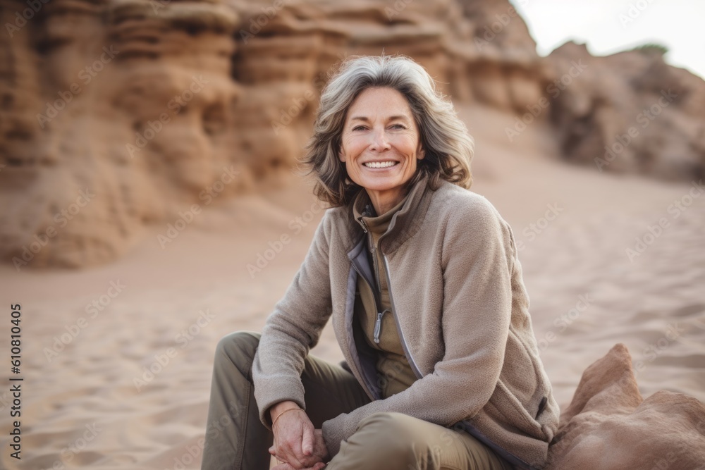 Medium shot portrait photography of a pleased woman in her 50s that is wearing a cozy sweater against a zen rock garden with raked sand background . Generative AI Medium shot portrait photography of a pleased woman in her 50s that is wearing a cozy sweater against a zen rock garden with raked sand background . Generative AI