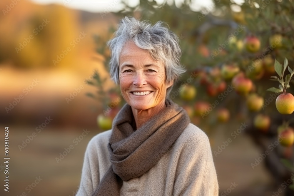 Portrait of happy senior woman with apple tree in background at autumn Portrait of happy senior woman with apple tree in background at autumn