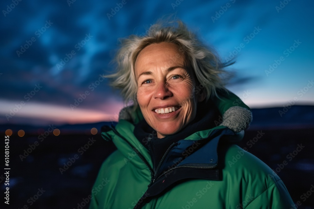 Portrait of a beautiful middle-aged woman with blond hair and blue eyes in a green jacket on the background of a winter landscape Portrait of a beautiful middle-aged woman with blond hair and blue eyes in a green jacket on the background of a winter landscape
