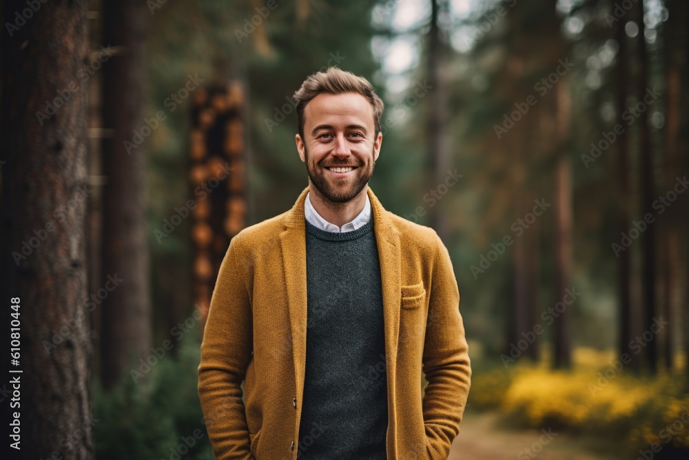 Medium shot portrait photography of a grinning man in his 30s that is wearing a chic cardigan against a mystical forest background .  Generative AI