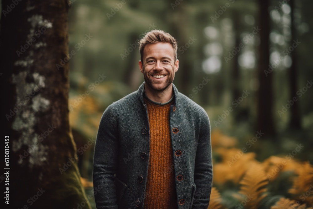 Handsome young man standing in the forest and smiling at camera