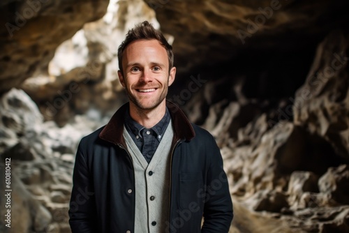 Medium shot portrait photography of a grinning man in his 30s that is wearing a chic cardigan against a geode or crystal cave background . Generative AI