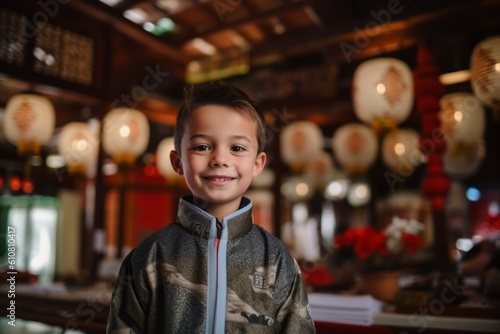 Portrait of a cute little boy in a chinese restaurant.