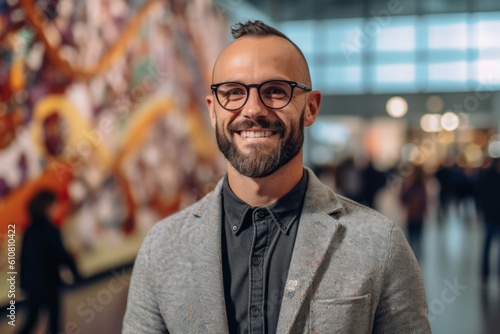 Portrait of a smiling man with glasses looking at camera in art gallery