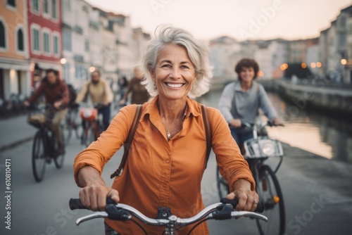 Portrait of happy senior woman riding bicycle in the city. Smiling elderly woman with her friends cycling in the background.