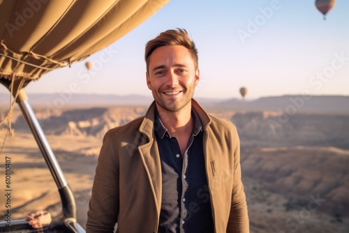 Handsome young man enjoying hot air balloon flight in Cappadocia, Turkey photo