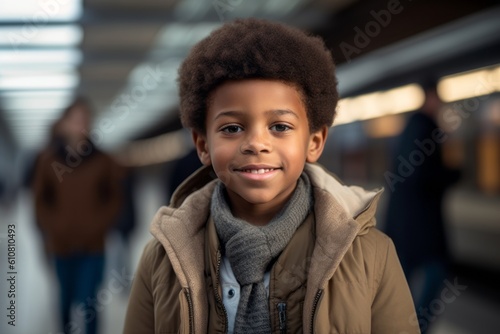 portrait of smiling african american little boy at subway station