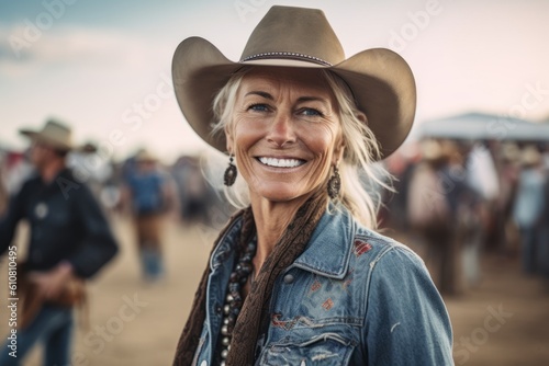 Medium shot portrait photography of a pleased woman in her 50s that is wearing a denim jacket against a rodeo event with cowboys and horses background . Generative AI