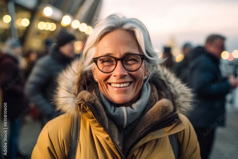Portrait of a smiling senior woman with eyeglasses at Christmas market Portrait of a smiling senior woman with eyeglasses at Christmas market