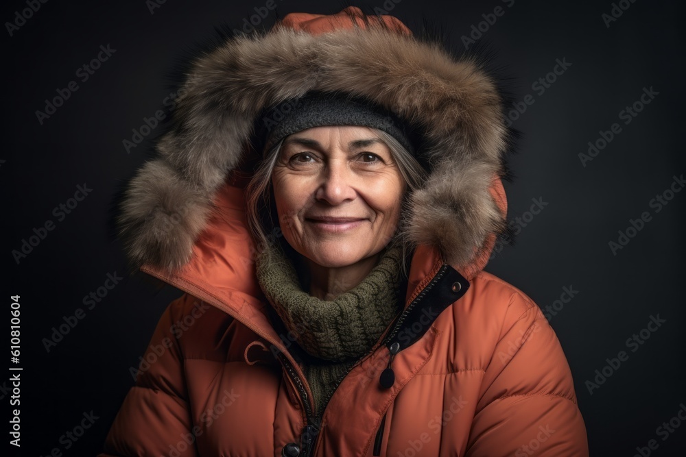Portrait of a senior woman in a warm jacket on a black background Portrait of a senior woman in a warm jacket on a black background