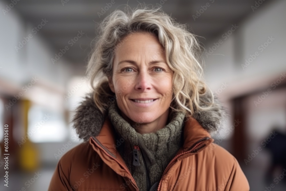 Portrait of smiling middle aged woman in winter coat looking at camera Portrait of smiling middle aged woman in winter coat looking at camera