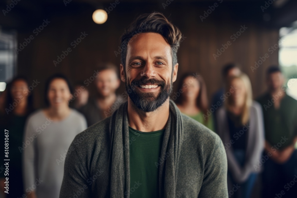 Portrait of a smiling man standing in front of a group of diverse people Portrait of a smiling man standing in front of a group of diverse people