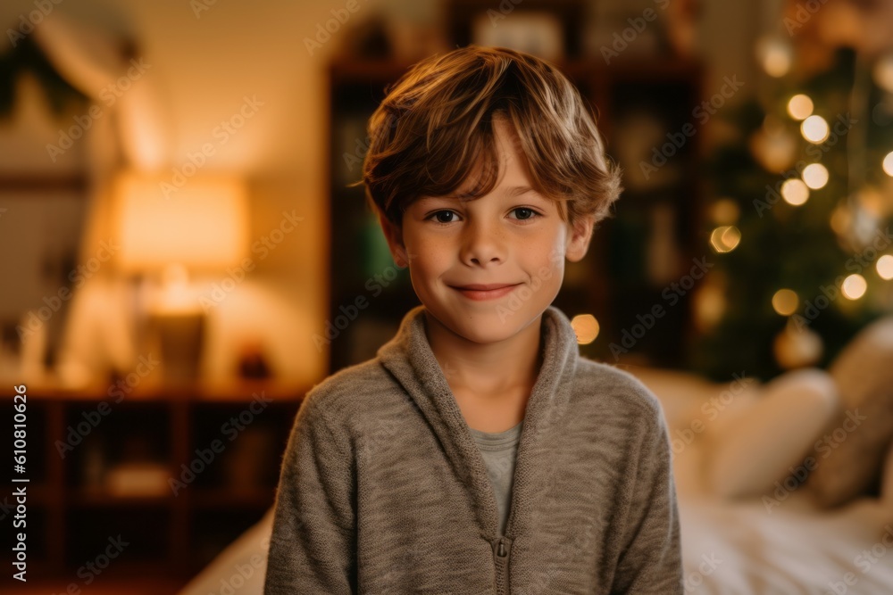 Medium shot portrait photography of a pleased child male that is wearing a chic cardigan against a cozy bed and breakfast setting with a welcoming atmosphere background . Generative AI Medium shot portrait photography of a pleased child male that is wearing a chic cardigan against a cozy bed and breakfast setting with a welcoming atmosphere background . Generative AI