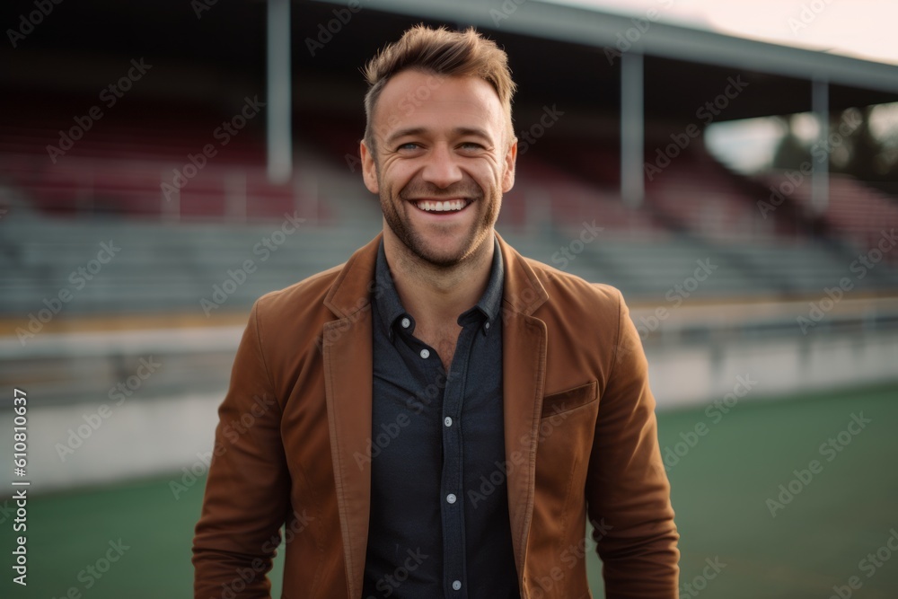 Portrait of handsome young man smiling at camera while standing in stadium Portrait of handsome young man smiling at camera while standing in stadium