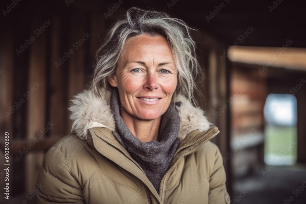 Portrait of smiling senior woman in winter clothes against wooden planks Portrait of smiling senior woman in winter clothes against wooden planks