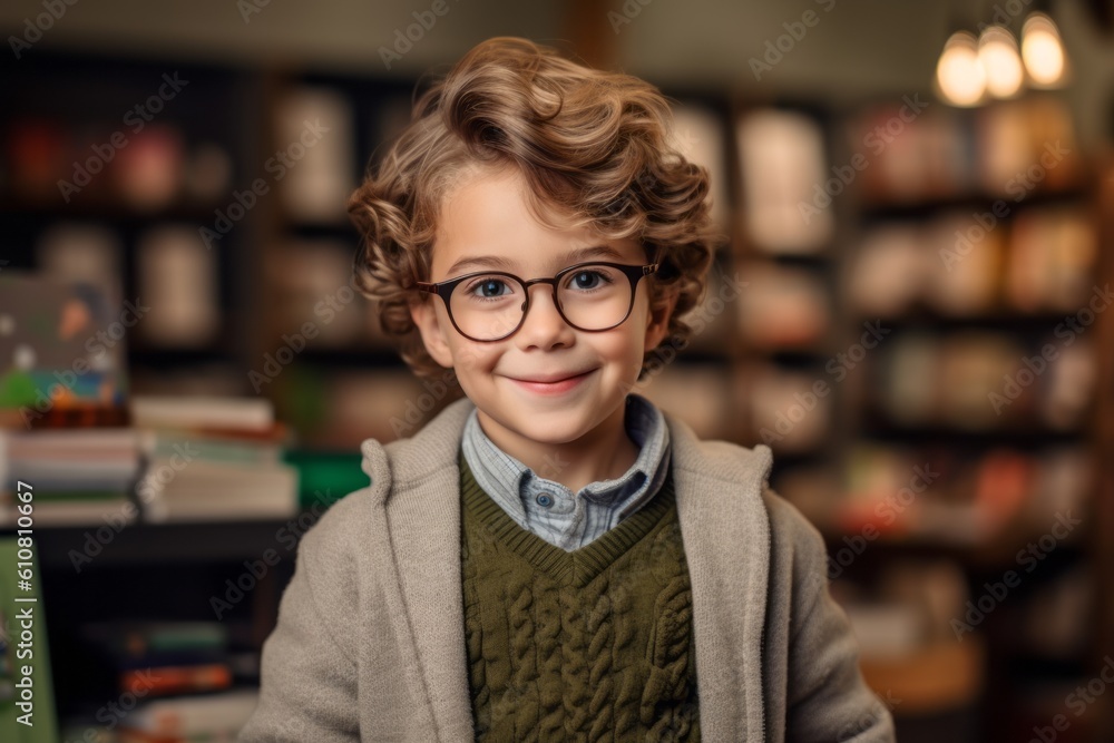 Medium shot portrait photography of a pleased child male that is wearing a chic cardigan against a cozy bookstore filled with books and readers background .  Generative AI