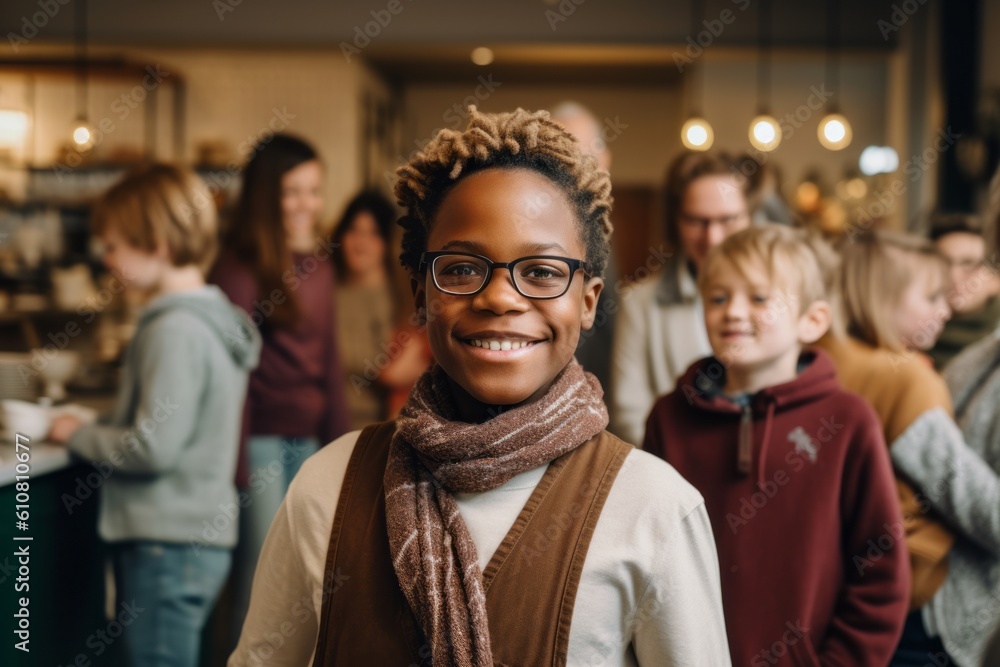 Medium shot portrait photography of a pleased child male that is wearing a chic cardigan against a cozy chocolate-making class with a group of people background . Generative AI Medium shot portrait photography of a pleased child male that is wearing a chic cardigan against a cozy chocolate-making class with a group of people background . Generative AI