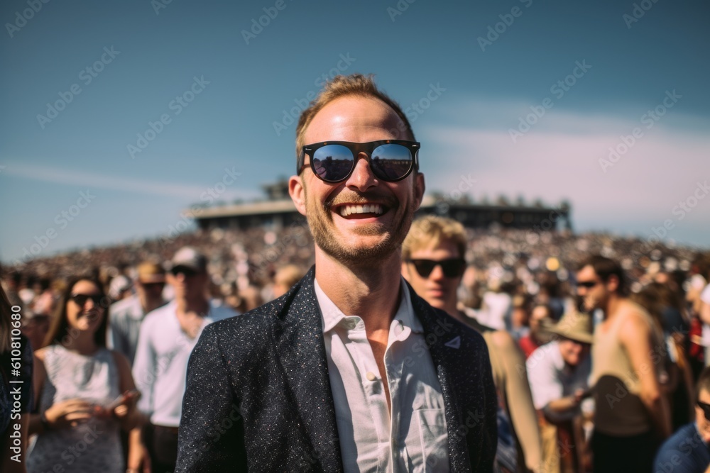 Medium shot portrait photography of a grinning man in his 30s that is wearing a chic cardigan against an awe-inspiring solar eclipse event with spectators background . Generative AI Medium shot portrait photography of a grinning man in his 30s that is wearing a chic cardigan against an awe-inspiring solar eclipse event with spectators background . Generative AI