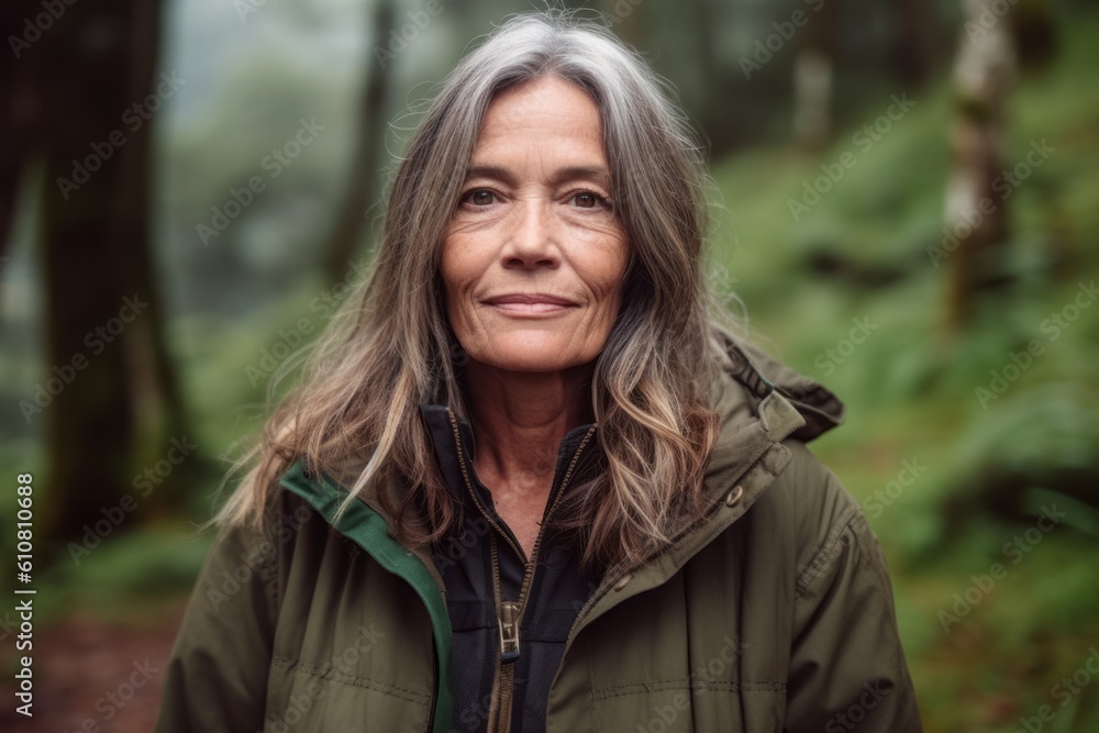 Portrait of smiling senior woman standing in forest on a sunny day