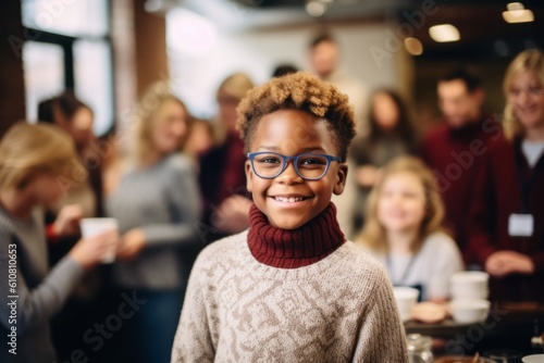 Portrait of smiling african american boy with glasses in cafe © Leon Waltz