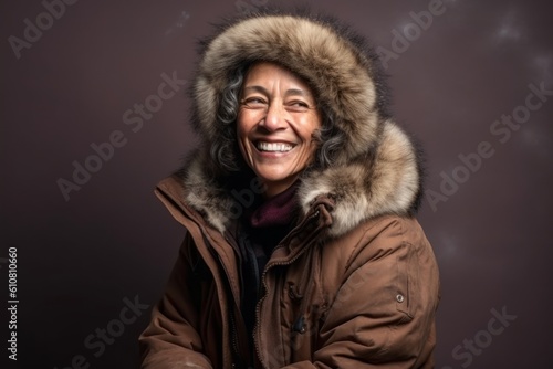 Portrait of a happy senior woman wearing winter jacket with fur hood