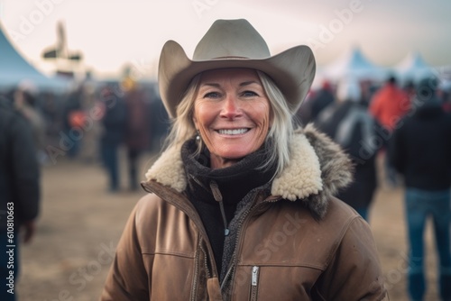 Medium shot portrait photography of a pleased woman in her 50s that is wearing a warm parka against a rodeo event with cowboys and horses background .  Generative AI © Robert MEYNER