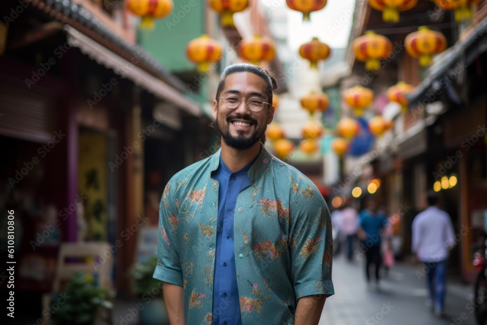 Medium shot portrait photography of a grinning man in his 30s that is wearing a trendy jumpsuit against a bustling chinatown with colorful shops and restaurants background . Generative AI Medium shot portrait photography of a grinning man in his 30s that is wearing a trendy jumpsuit against a bustling chinatown with colorful shops and restaurants background . Generative AI