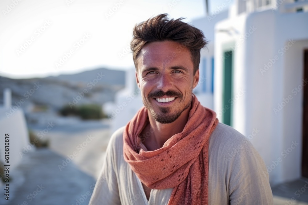 Medium shot portrait photography of a grinning man in his 30s that is wearing a foulard against a traditional greek village with white buildings background . Generative AI Medium shot portrait photography of a grinning man in his 30s that is wearing a foulard against a traditional greek village with white buildings background . Generative AI