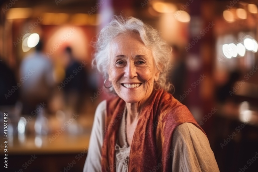Portrait of smiling senior woman standing in bar at counter in pub