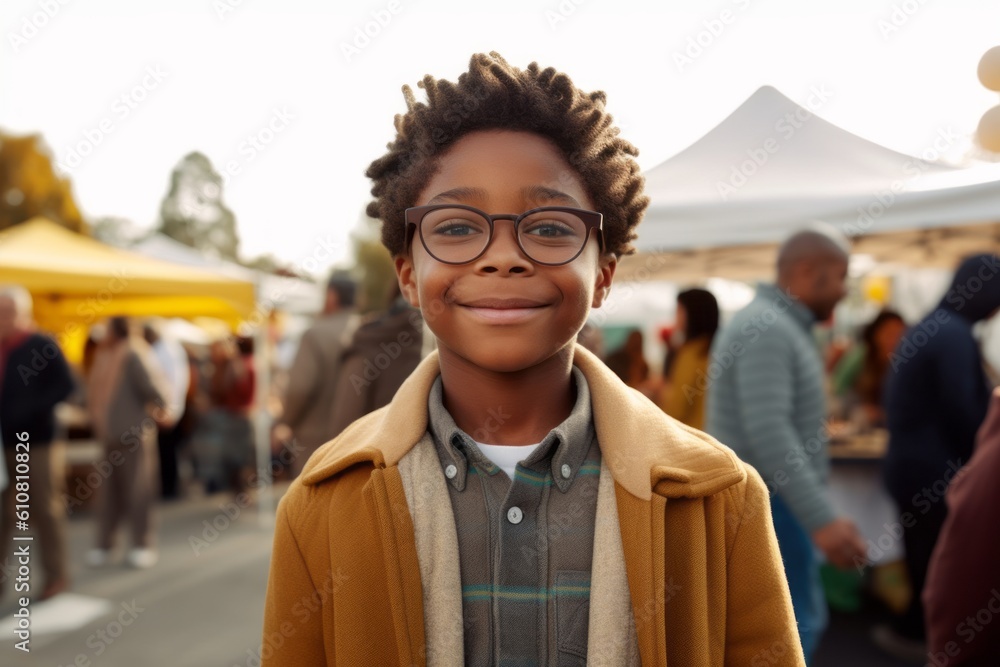 Medium shot portrait photography of a pleased child male that is wearing a chic cardigan against a neighborhood block party with food and games background . Generative AI
