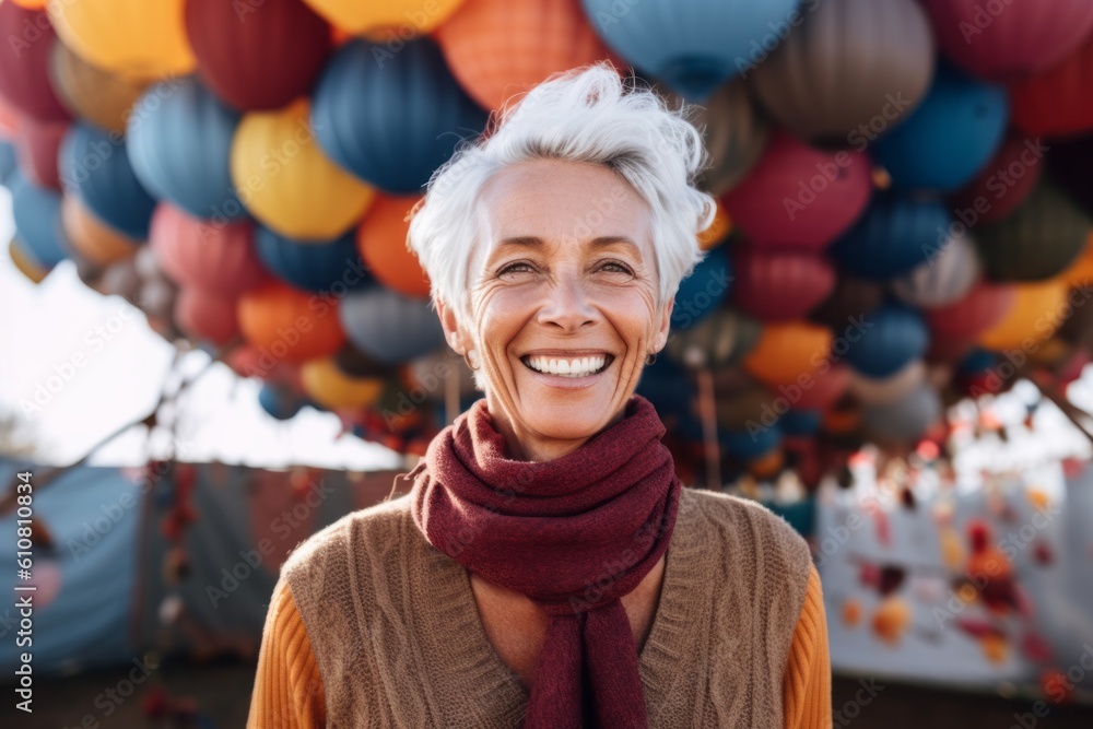 Portrait of smiling senior woman in scarf and sweater standing outdoors with colorful balloons