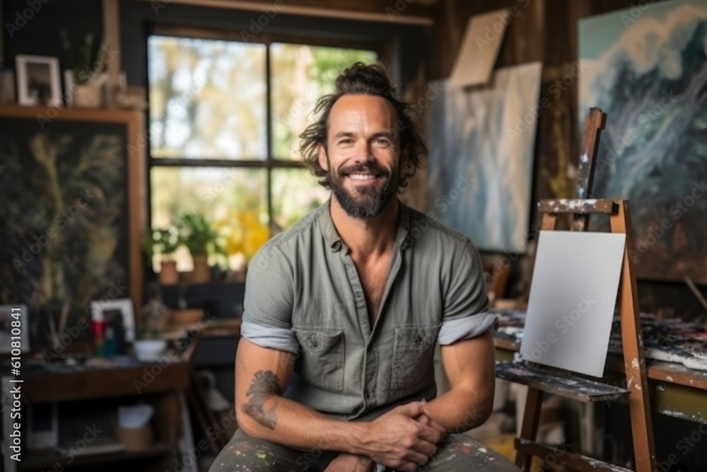 Fototapeta premium Portrait of smiling male artist sitting at his workplace in his studio