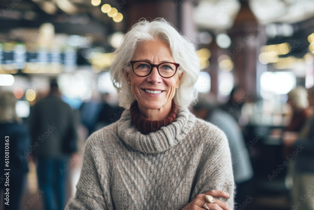 Portrait of smiling senior woman with eyeglasses in shopping mall Portrait of smiling senior woman with eyeglasses in shopping mall