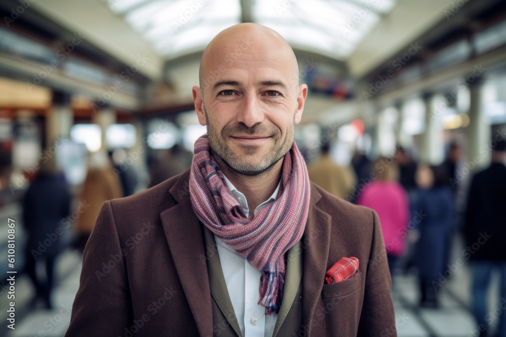 Portrait of a handsome bald man in a coat and scarf at the train station