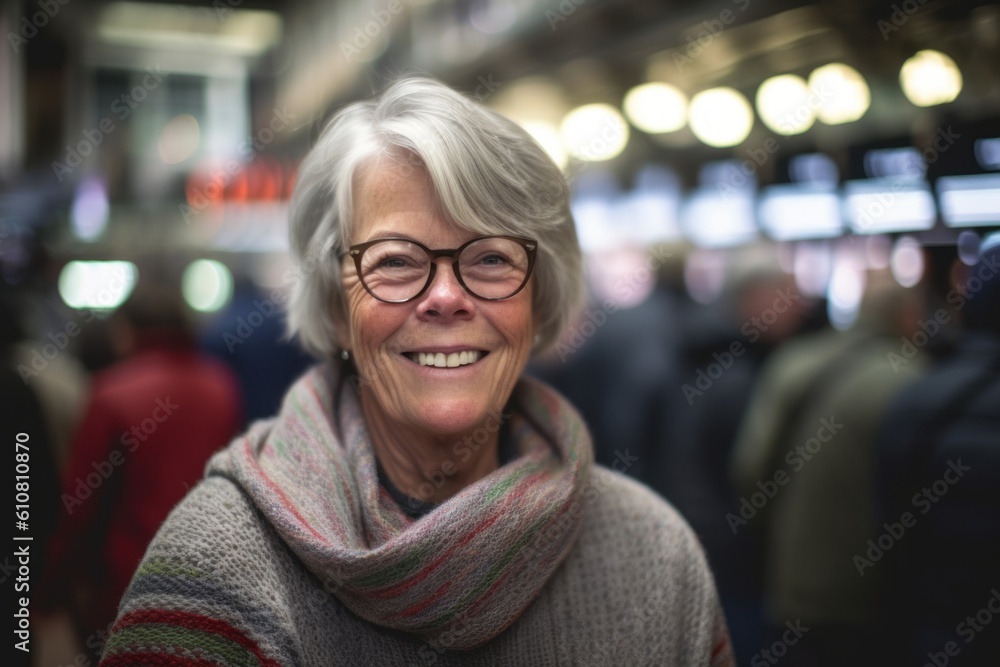 Portrait of smiling senior woman with eyeglasses at subway station Portrait of smiling senior woman with eyeglasses at subway station