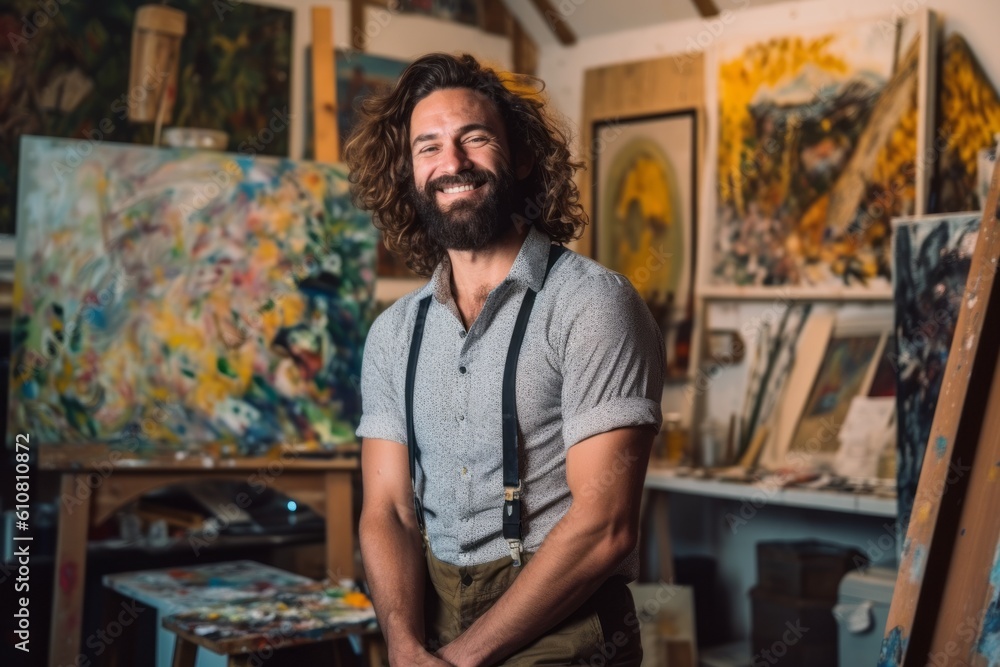 Portrait of a jovial 35 year old man in his painting studio, artist and painter, happy and smiling. Generative AI - obrazy, fototapety, plakaty 