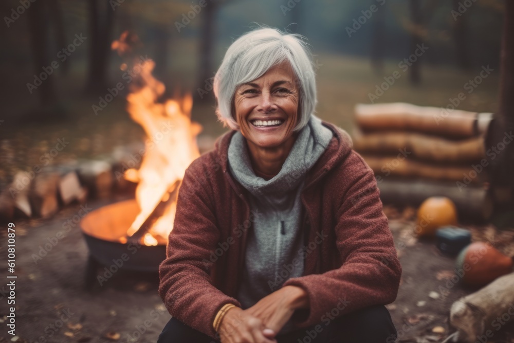 Portrait of smiling senior woman sitting by bonfire in autumn forest Portrait of smiling senior woman sitting by bonfire in autumn forest