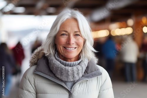 Medium shot portrait photography of a pleased woman in her 60s that is wearing a chic cardigan against an active ski resort with visitors enjoying the slopes background .  Generative AI photo