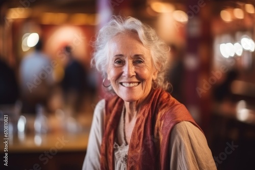 Portrait of smiling senior woman standing in bar at counter in pub