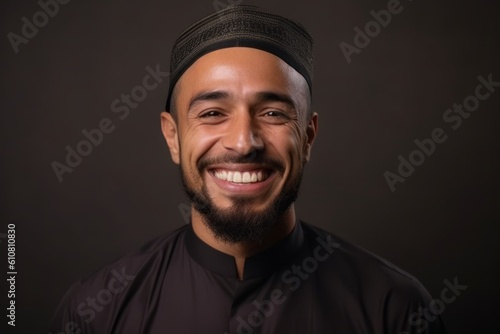Medium shot portrait photography of a grinning man in his 30s that is wearing hijab against a minimalist or empty room background . Generative AI
