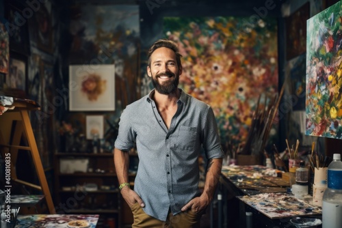 Portrait of a jovial 35 year old man in his painting studio, artist and painter, happy and smiling. Generative AI