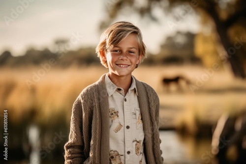 Portrait of a smiling little boy standing in a field at sunset