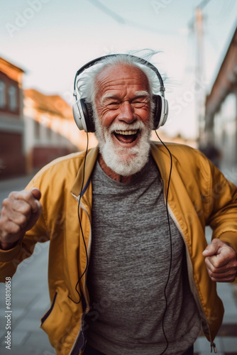 old man wearing headphones and dance