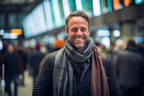 Medium shot portrait photography of a grinning man in his 40s that is wearing a charming scarf against a bustling day at the stock exchange with traders background . Generative AI