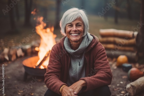 Portrait of smiling senior woman sitting by bonfire in autumn forest