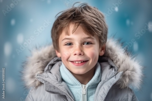 Medium shot portrait photography of a pleased child male that is wearing a chic cardigan against a polar or ice cap background . Generative AI