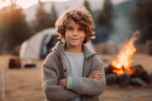 Medium shot portrait photography of a pleased child male that is wearing a chic cardigan against a remote wilderness campground with a roaring campfire background . Generative AI