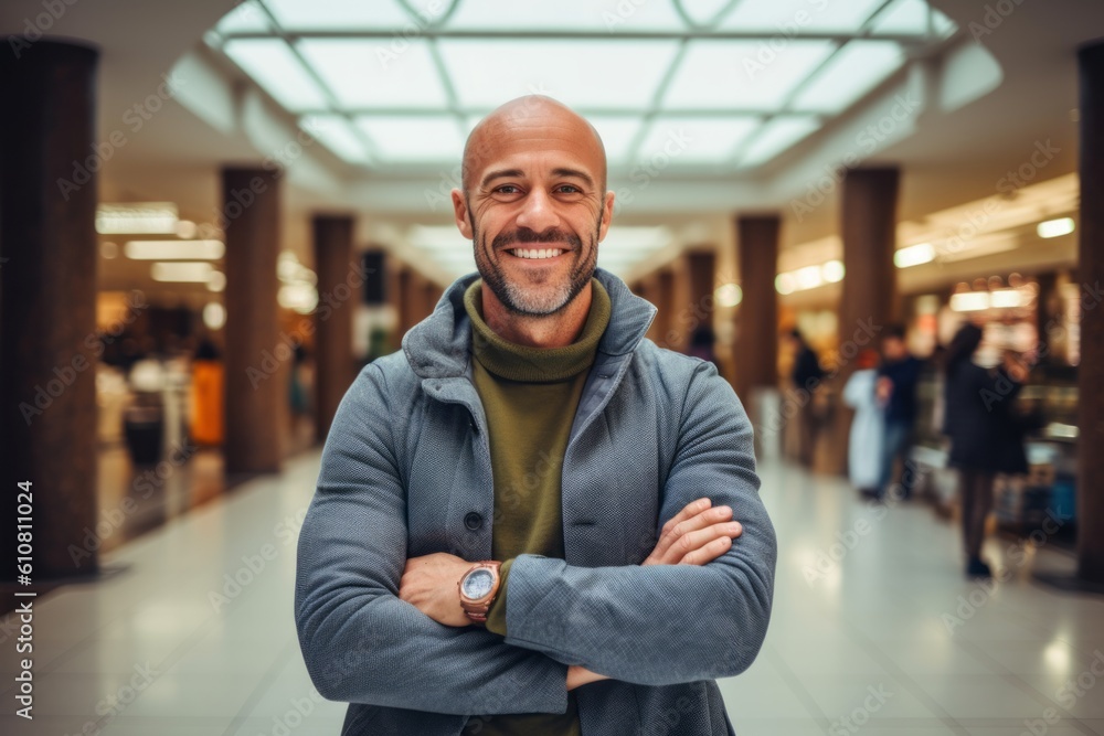 Medium shot portrait photography of a grinning man in his 40s that is wearing a chic cardigan against a bustling food court in a shopping mall background . Generative AI Medium shot portrait photography of a grinning man in his 40s that is wearing a chic cardigan against a bustling food court in a shopping mall background . Generative AI