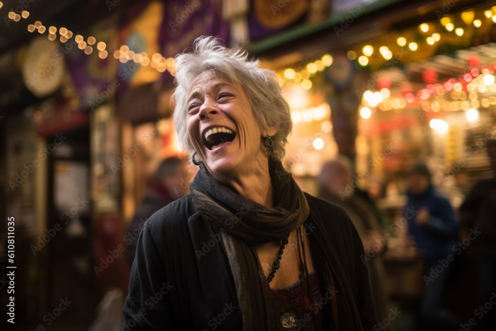 Portrait of a happy senior woman at christmas market in London