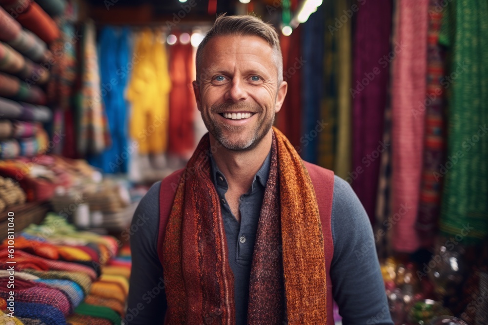 Portrait of a smiling middle-aged man with a scarf in a shop